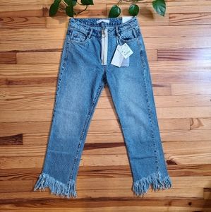 Zara Fringe Medium Wash Blue Denim Mom Jean Exposed Zipper - 2 (34)